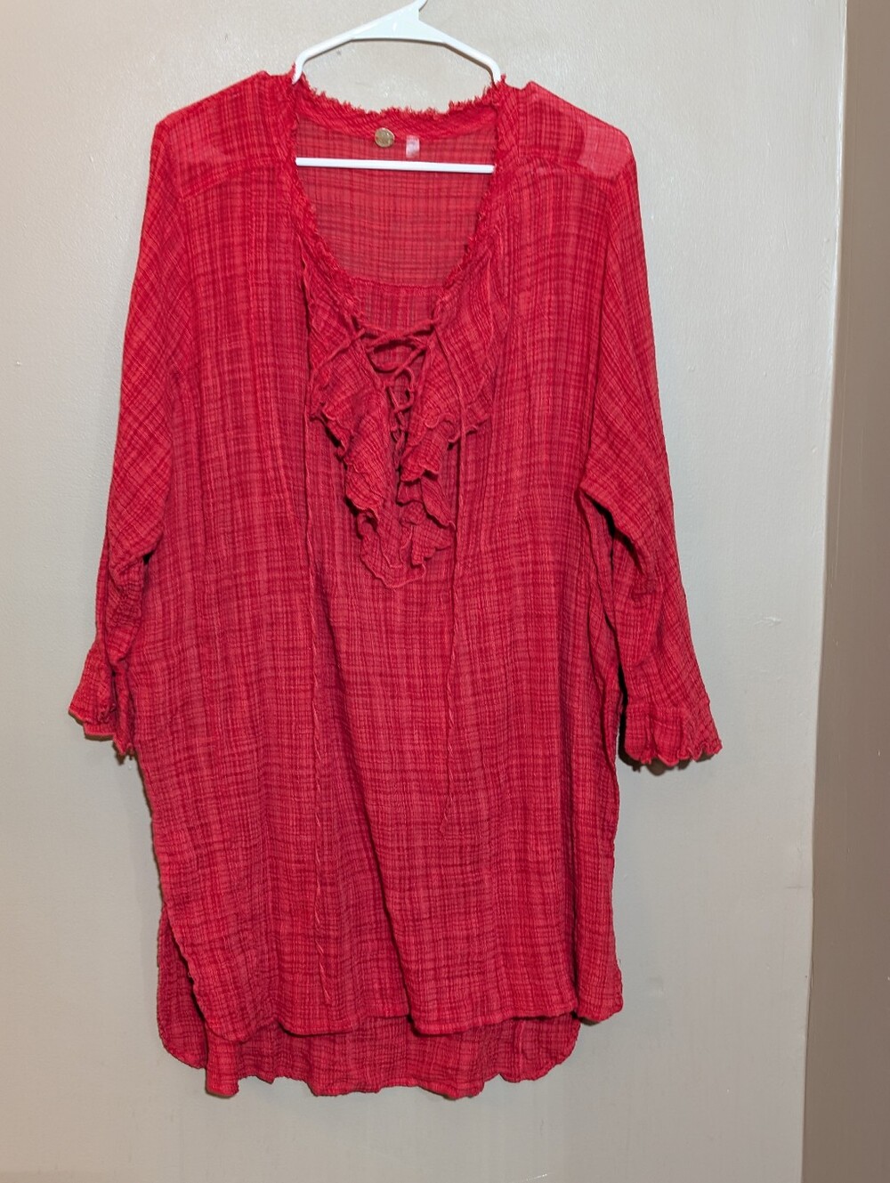 Free People Beach Cover-Up  Billowy Gauze Red Tunic Dress Sz Small
